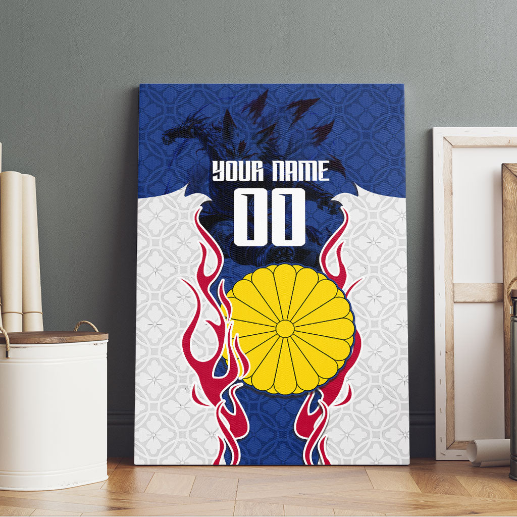 Personalized Japan Football Kitsune Mascot Canvas Wall Art Samurai Blue Chrysanthemum Flame