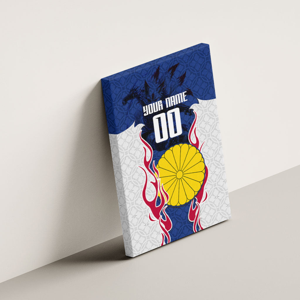 Personalized Japan Football Kitsune Mascot Canvas Wall Art Samurai Blue Chrysanthemum Flame