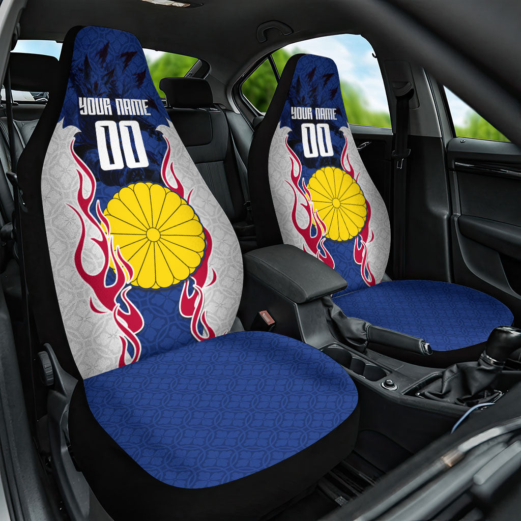 Personalized Japan Football Kitsune Mascot Car Seat Cover Samurai Blue Chrysanthemum Flame
