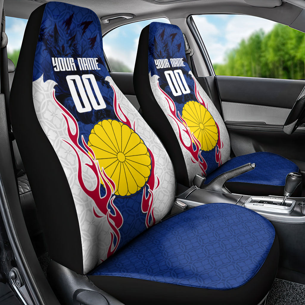 Personalized Japan Football Kitsune Mascot Car Seat Cover Samurai Blue Chrysanthemum Flame