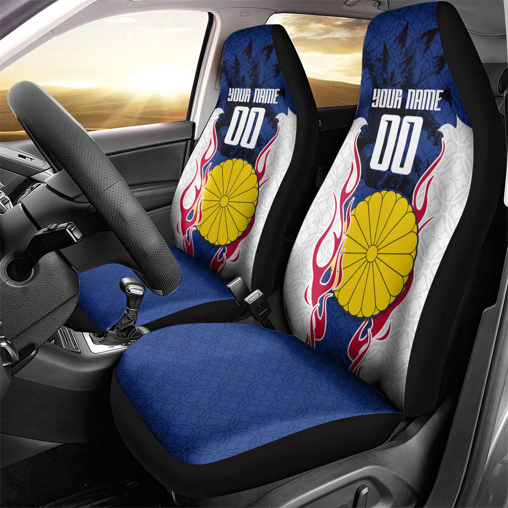 Personalized Japan Football Kitsune Mascot Car Seat Cover Samurai Blue Chrysanthemum Flame