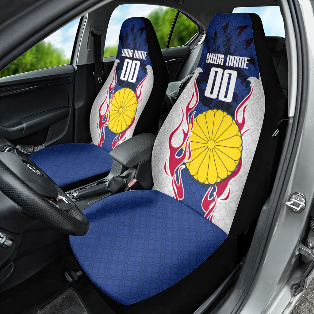Personalized Japan Football Kitsune Mascot Car Seat Cover Samurai Blue Chrysanthemum Flame