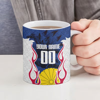 Personalized Japan Football Kitsune Mascot Ceramic Mug Samurai Blue Chrysanthemum Flame