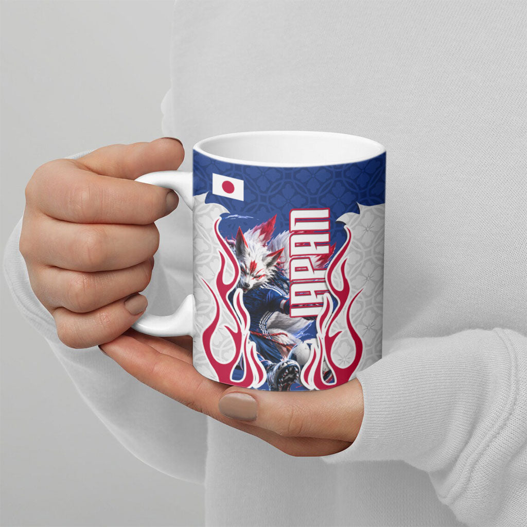 Personalized Japan Football Kitsune Mascot Ceramic Mug Samurai Blue Chrysanthemum Flame