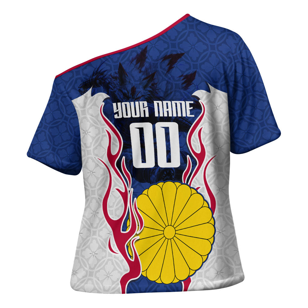Personalized Japan Football Kitsune Mascot Cross Shoulder Shirt Samurai Blue Chrysanthemum Flame
