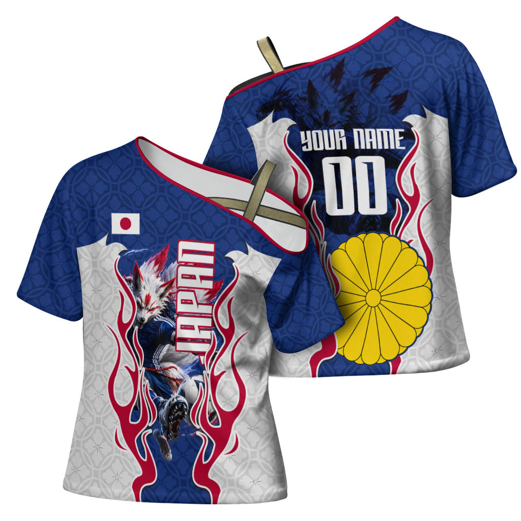 Personalized Japan Football Kitsune Mascot Cross Shoulder Shirt Samurai Blue Chrysanthemum Flame