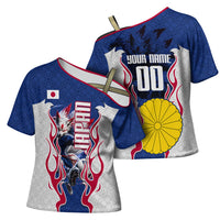 Personalized Japan Football Kitsune Mascot Cross Shoulder Shirt Samurai Blue Chrysanthemum Flame