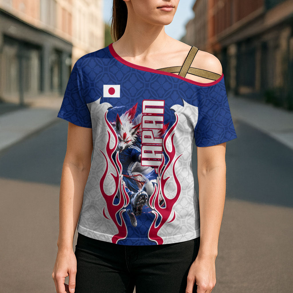 Personalized Japan Football Kitsune Mascot Cross Shoulder Shirt Samurai Blue Chrysanthemum Flame