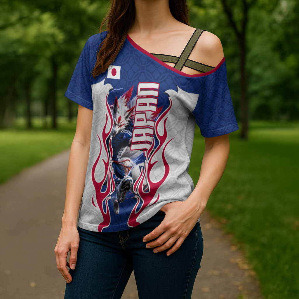 Personalized Japan Football Kitsune Mascot Cross Shoulder Shirt Samurai Blue Chrysanthemum Flame