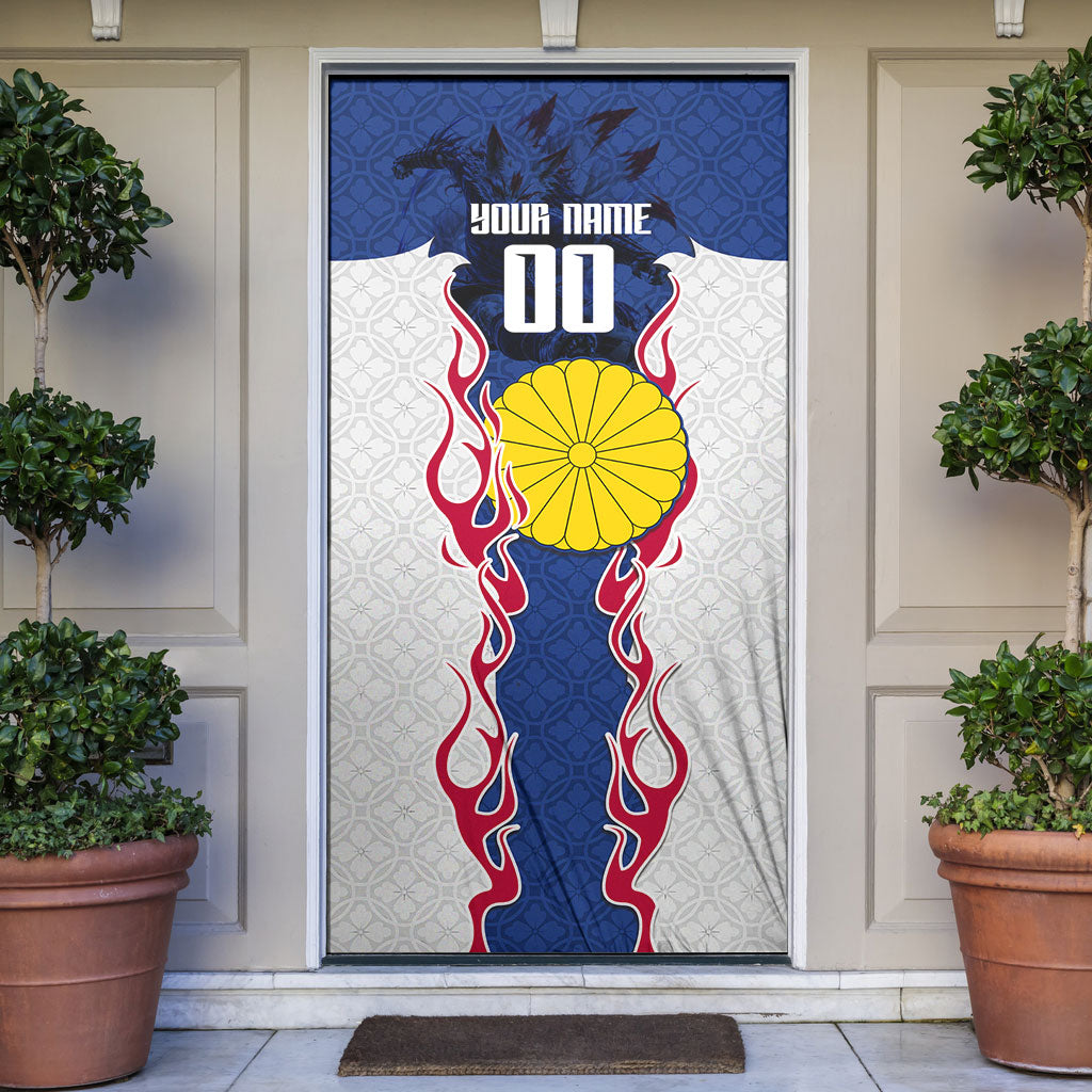 Personalized Japan Football Kitsune Mascot Door Cover Samurai Blue Chrysanthemum Flame