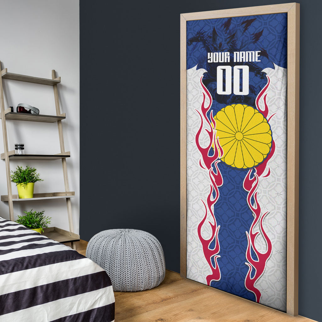 Personalized Japan Football Kitsune Mascot Door Cover Samurai Blue Chrysanthemum Flame