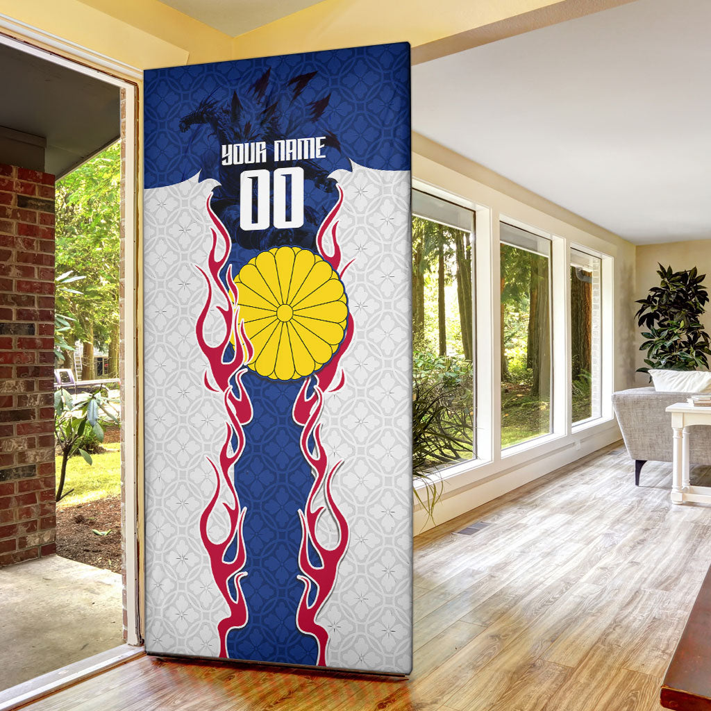 Personalized Japan Football Kitsune Mascot Door Cover Samurai Blue Chrysanthemum Flame