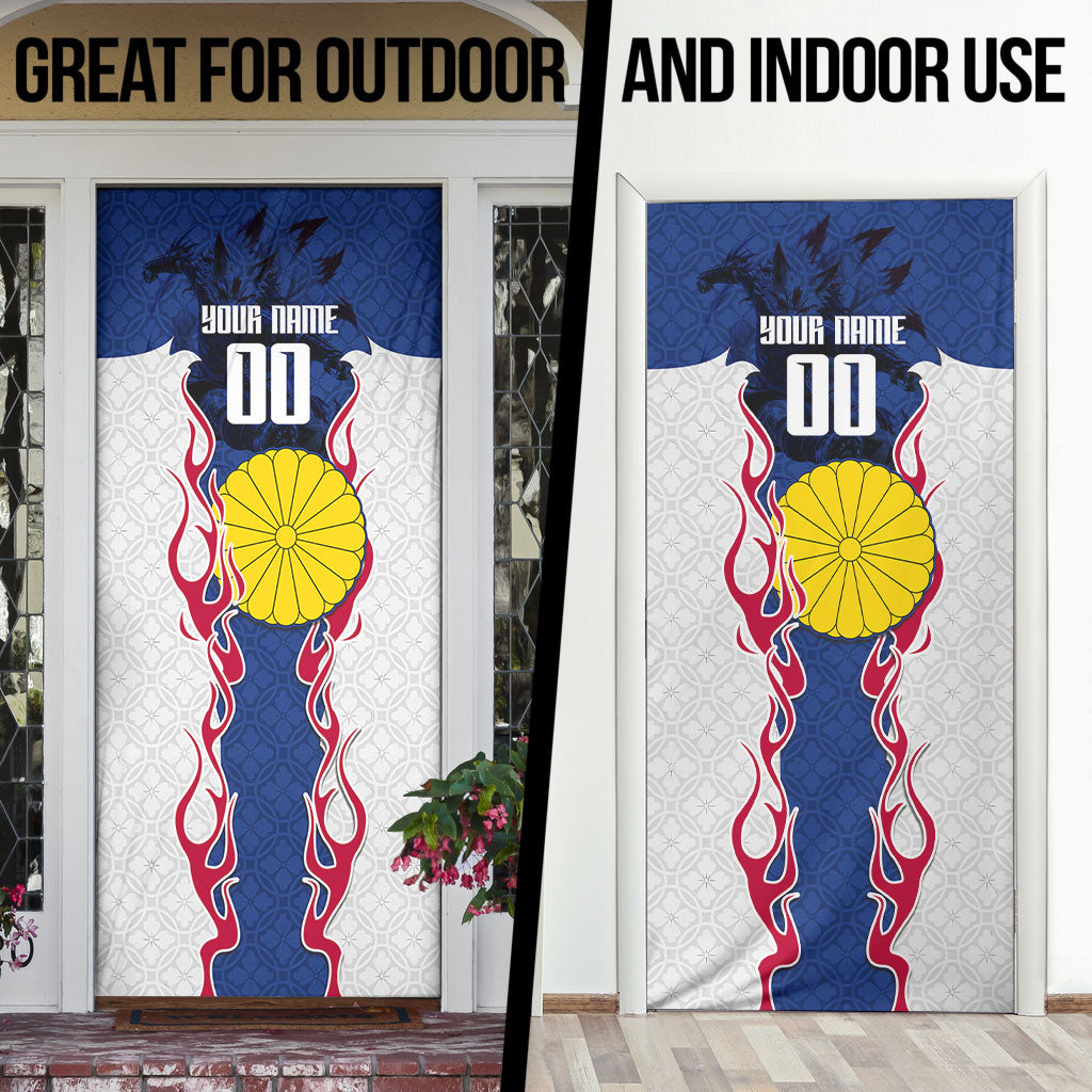 Personalized Japan Football Kitsune Mascot Door Cover Samurai Blue Chrysanthemum Flame