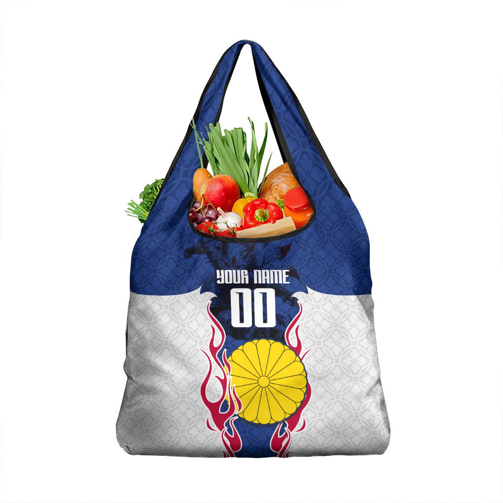 Personalized Japan Football Kitsune Mascot Grocery Bag Samurai Blue Chrysanthemum Flame