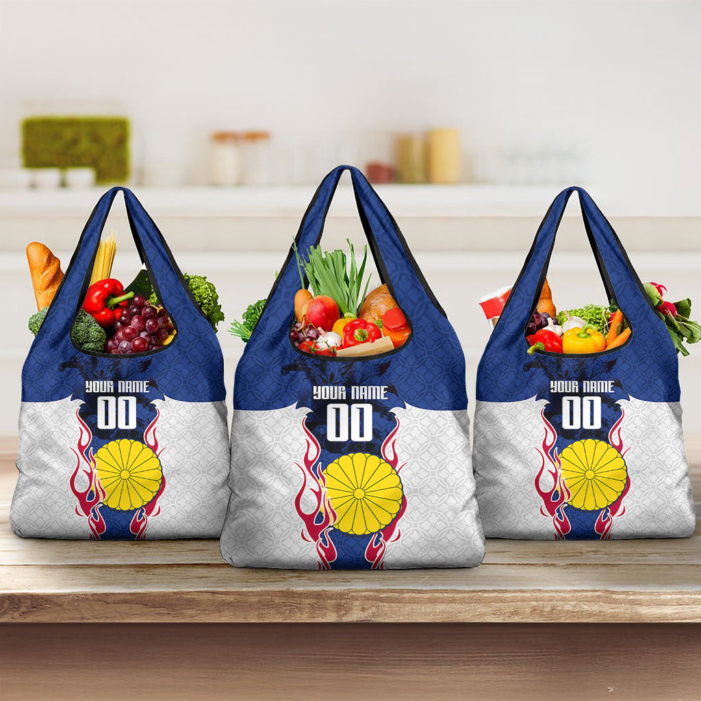 Personalized Japan Football Kitsune Mascot Grocery Bag Samurai Blue Chrysanthemum Flame