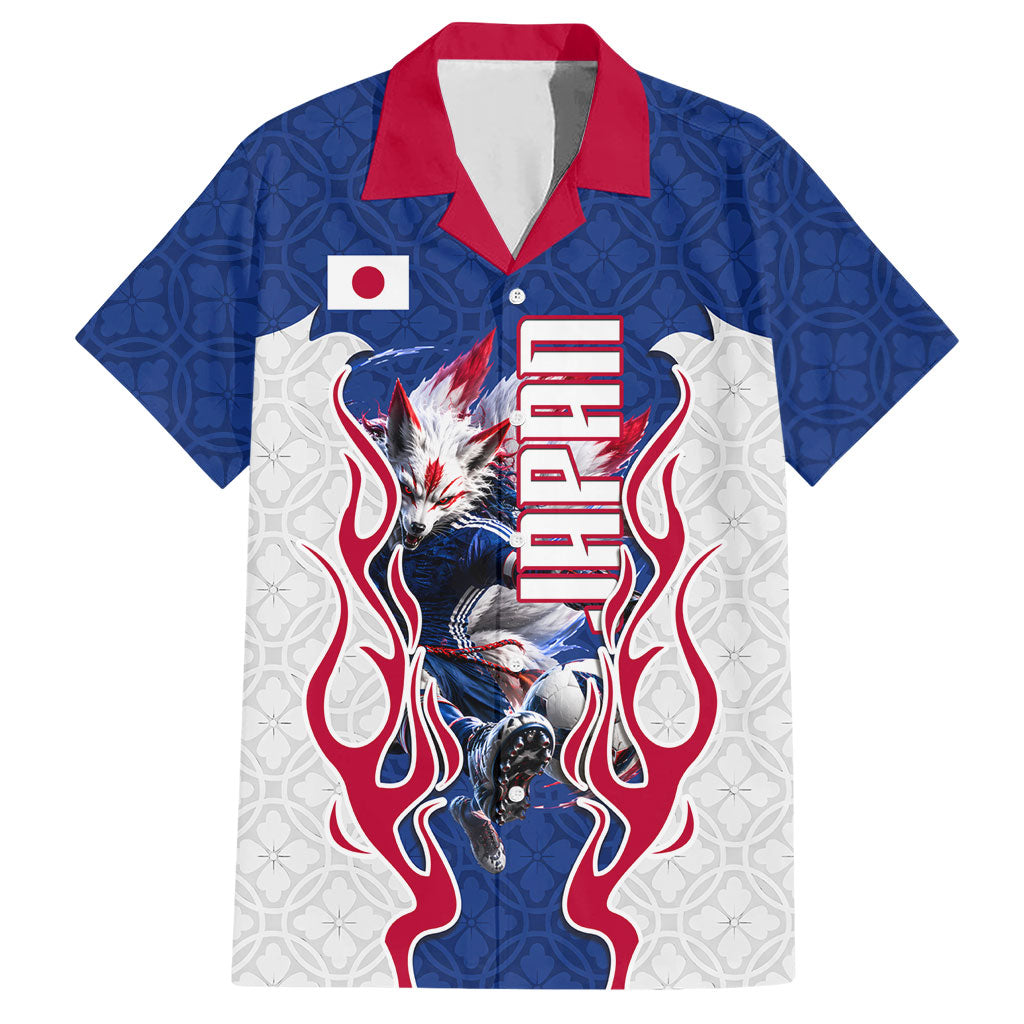 Personalized Japan Football Kitsune Mascot Hawaiian Shirt Samurai Blue Chrysanthemum Flame