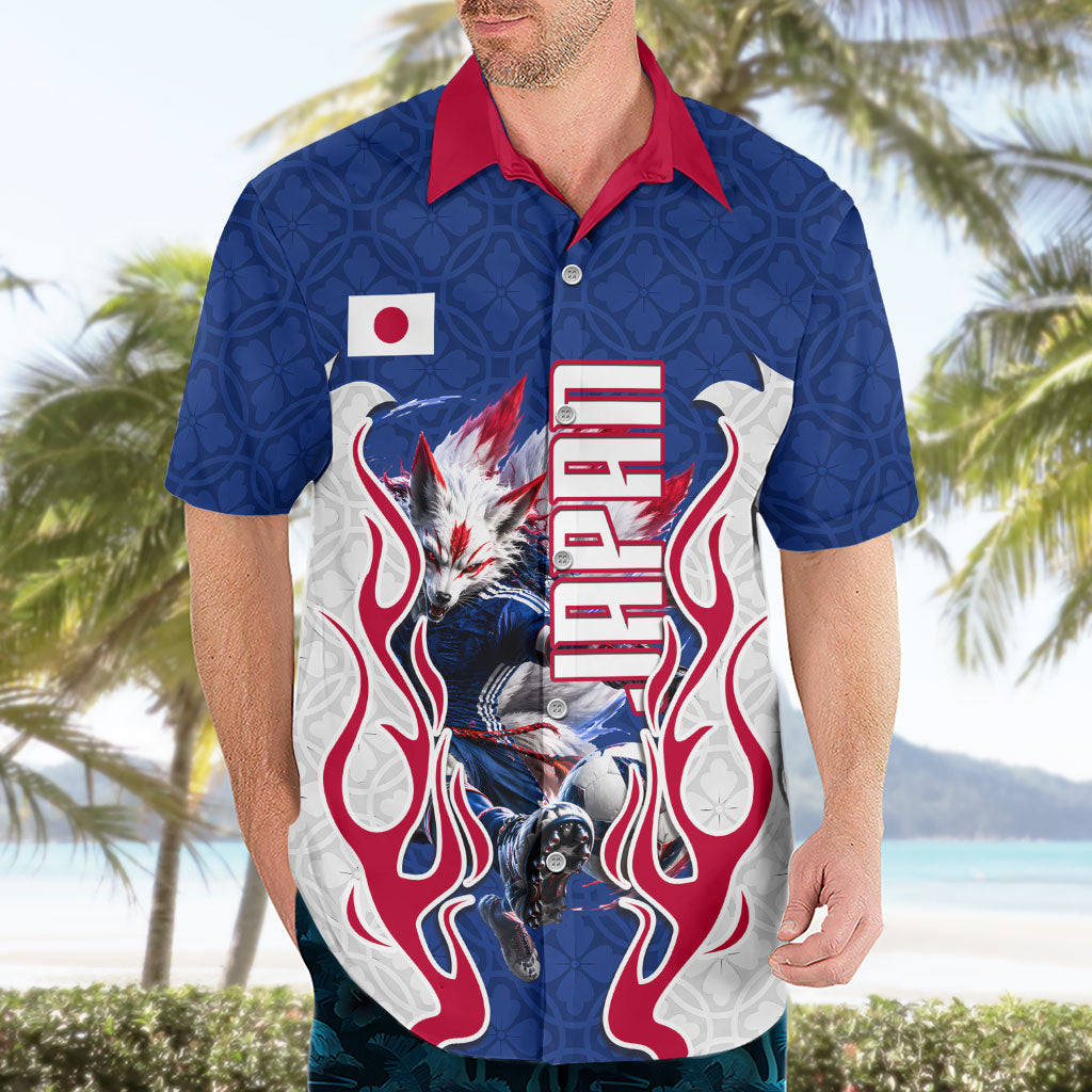 Personalized Japan Football Kitsune Mascot Hawaiian Shirt Samurai Blue Chrysanthemum Flame