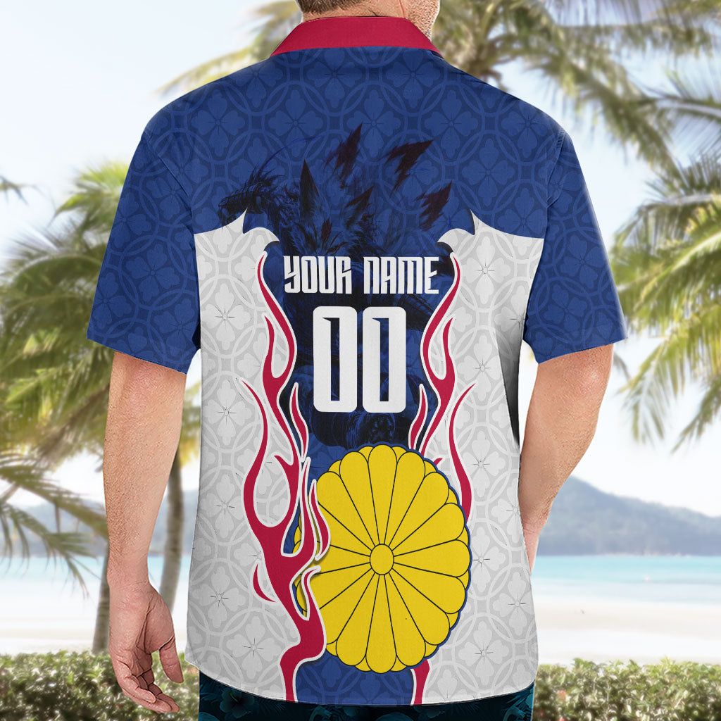 Personalized Japan Football Kitsune Mascot Hawaiian Shirt Samurai Blue Chrysanthemum Flame