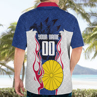 Personalized Japan Football Kitsune Mascot Hawaiian Shirt Samurai Blue Chrysanthemum Flame