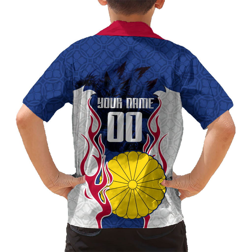 Personalized Japan Football Kitsune Mascot Hawaiian Shirt Samurai Blue Chrysanthemum Flame