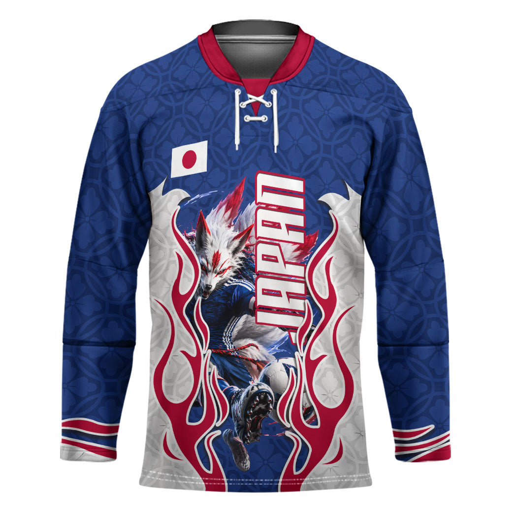 Personalized Japan Football Kitsune Mascot Hockey Jersey Samurai Blue Chrysanthemum Flame