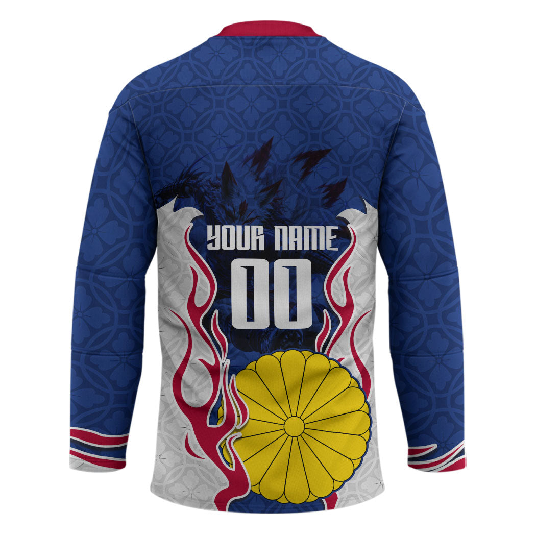 Personalized Japan Football Kitsune Mascot Hockey Jersey Samurai Blue Chrysanthemum Flame