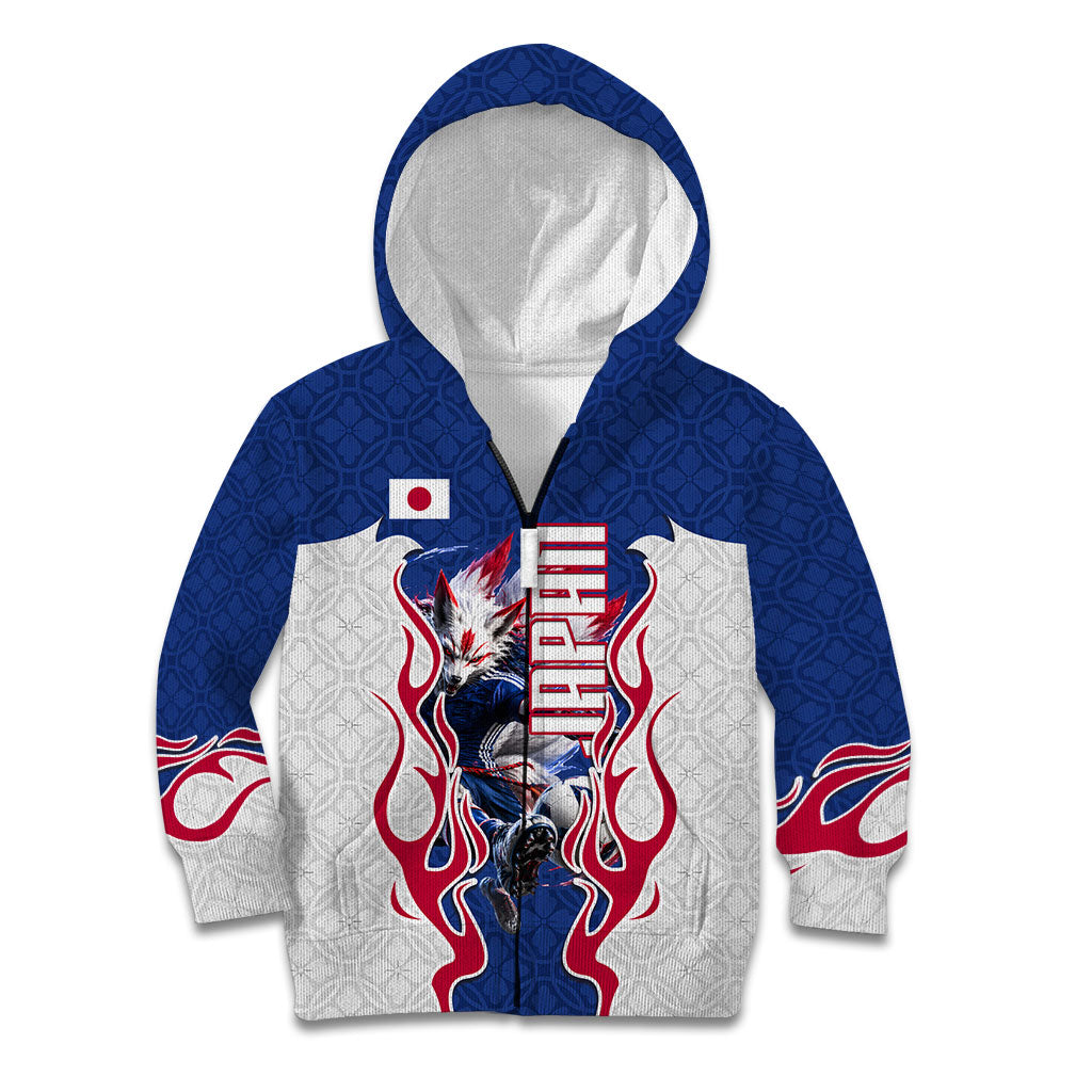 Personalized Japan Football Kitsune Mascot Kid Hoodie Samurai Blue Chrysanthemum Flame