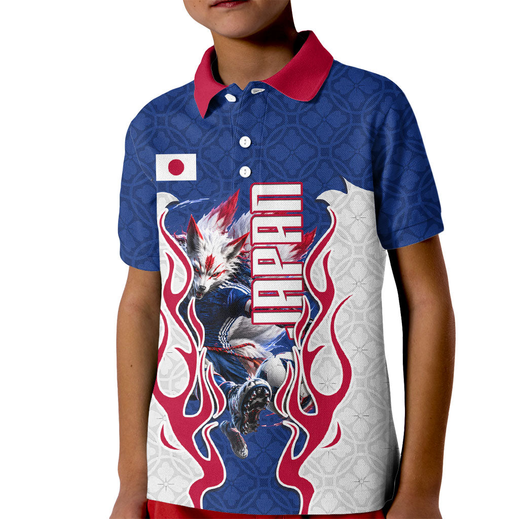 Personalized Japan Football Kitsune Mascot Kid Polo Shirt Samurai Blue Chrysanthemum Flame