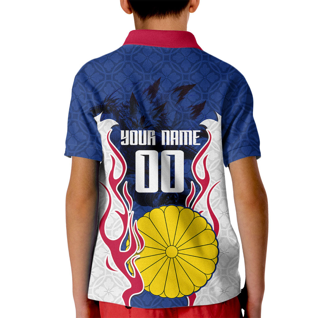 Personalized Japan Football Kitsune Mascot Kid Polo Shirt Samurai Blue Chrysanthemum Flame