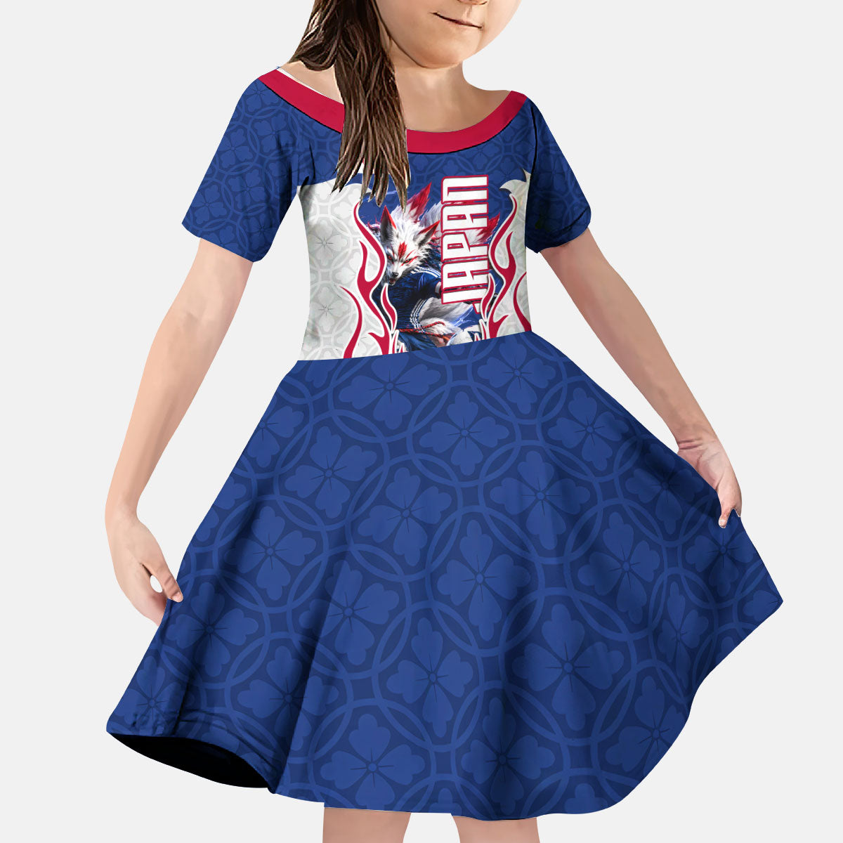 Personalized Japan Football Kitsune Mascot Kid Short Sleeve Dress Samurai Blue Chrysanthemum Flame