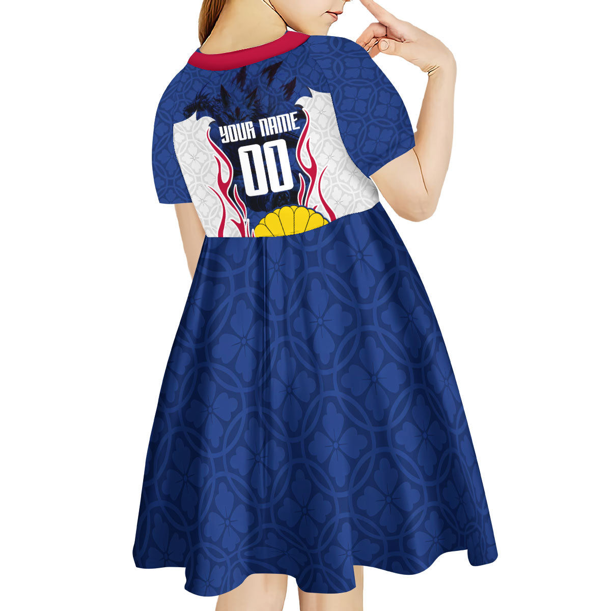 Personalized Japan Football Kitsune Mascot Kid Short Sleeve Dress Samurai Blue Chrysanthemum Flame