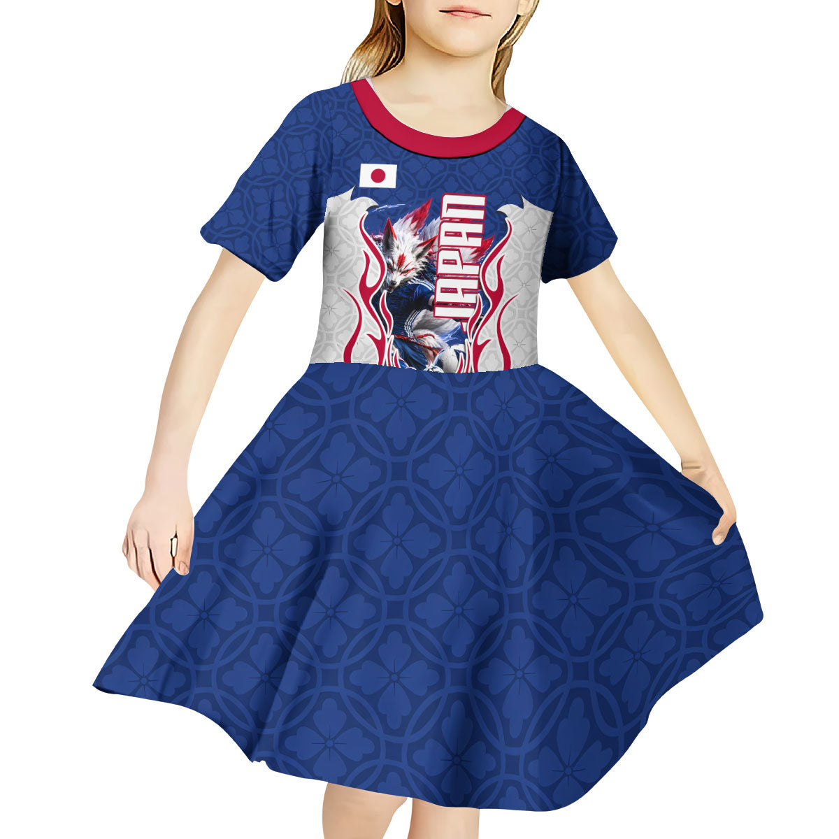 Personalized Japan Football Kitsune Mascot Kid Short Sleeve Dress Samurai Blue Chrysanthemum Flame