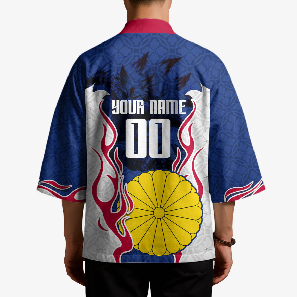Personalized Japan Football Kitsune Mascot Kimono Samurai Blue Chrysanthemum Flame