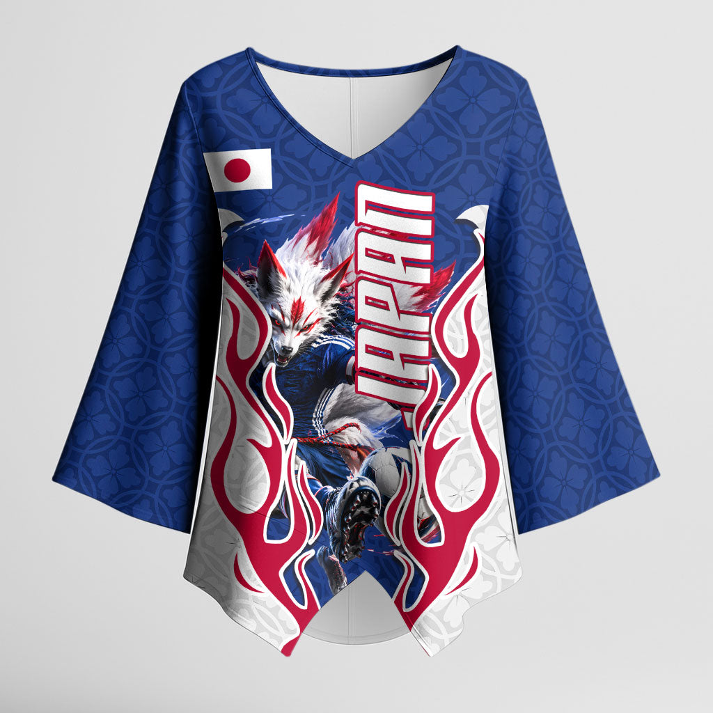 Personalized Japan Football Kitsune Mascot Kimono Sleeve Blouse Samurai Blue Chrysanthemum Flame