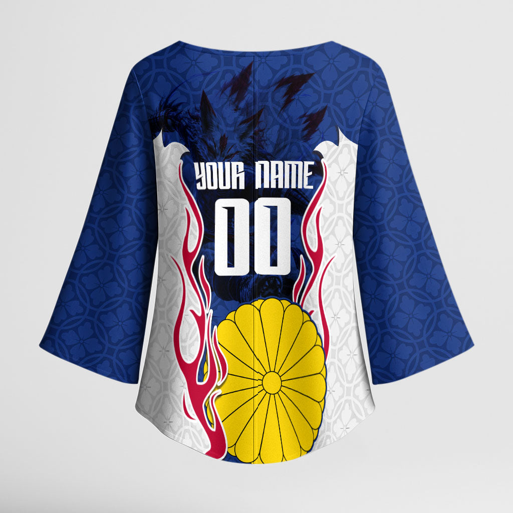 Personalized Japan Football Kitsune Mascot Kimono Sleeve Blouse Samurai Blue Chrysanthemum Flame