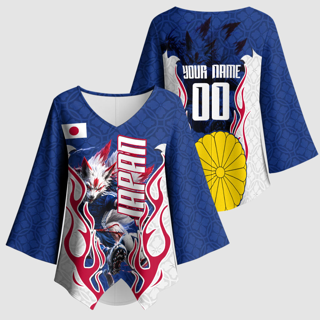 Personalized Japan Football Kitsune Mascot Kimono Sleeve Blouse Samurai Blue Chrysanthemum Flame