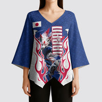Personalized Japan Football Kitsune Mascot Kimono Sleeve Blouse Samurai Blue Chrysanthemum Flame