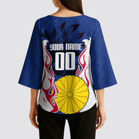 Personalized Japan Football Kitsune Mascot Kimono Sleeve Blouse Samurai Blue Chrysanthemum Flame