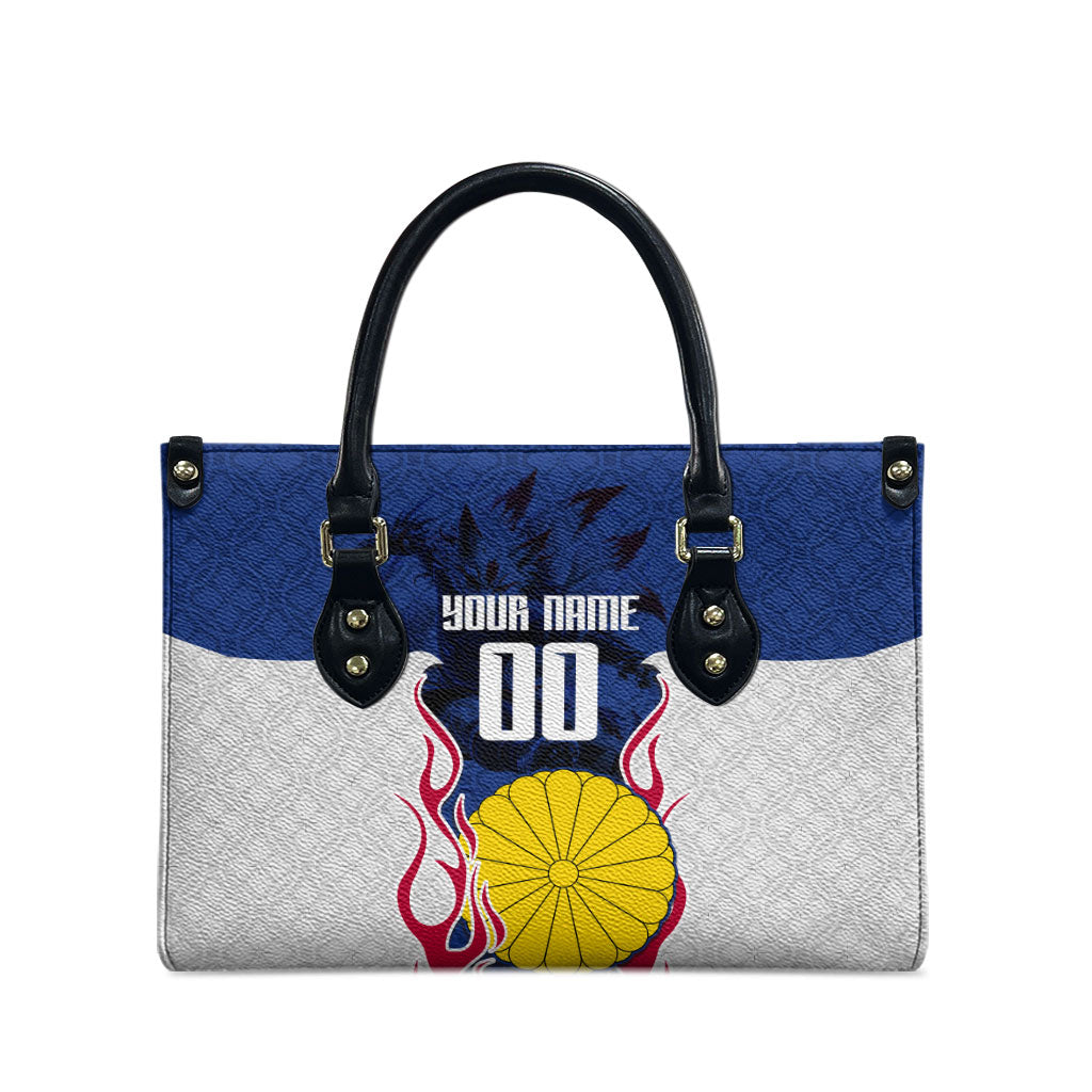 Personalized Japan Football Kitsune Mascot Leather Bag Samurai Blue Chrysanthemum Flame