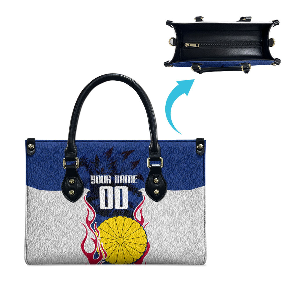 Personalized Japan Football Kitsune Mascot Leather Bag Samurai Blue Chrysanthemum Flame