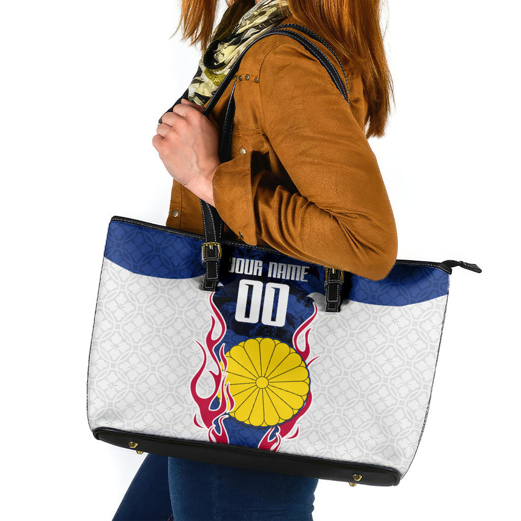 Personalized Japan Football Kitsune Mascot Leather Tote Bag Samurai Blue Chrysanthemum Flame