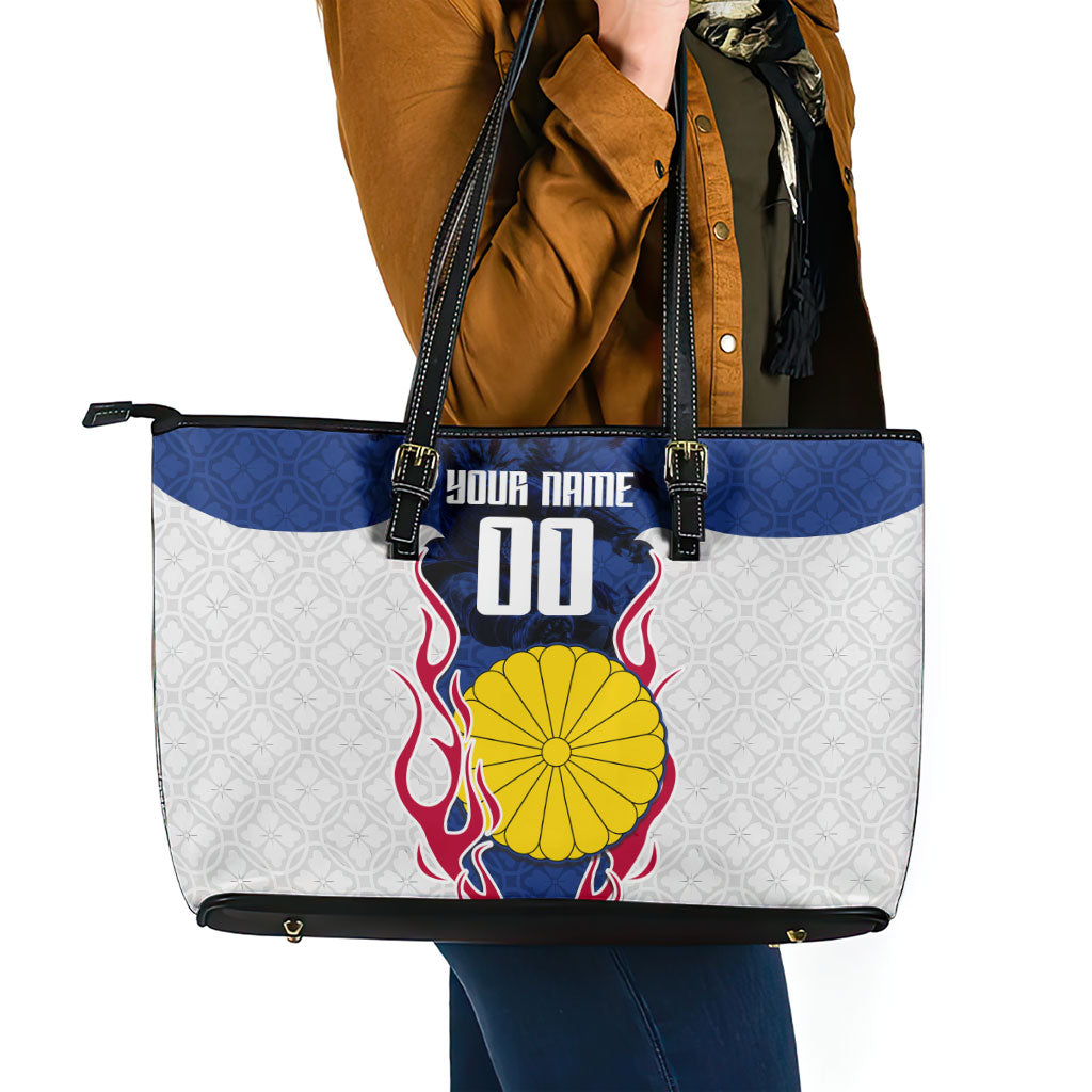 Personalized Japan Football Kitsune Mascot Leather Tote Bag Samurai Blue Chrysanthemum Flame