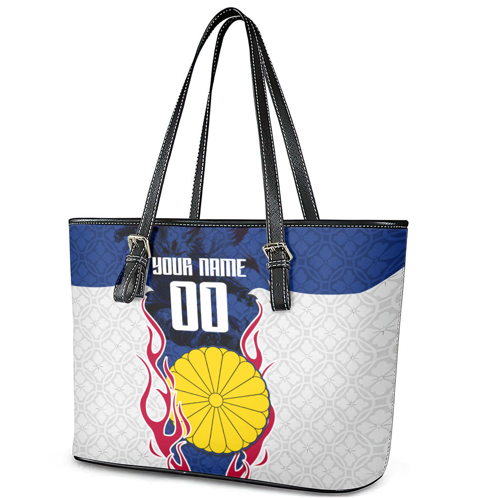 Personalized Japan Football Kitsune Mascot Leather Tote Bag Samurai Blue Chrysanthemum Flame