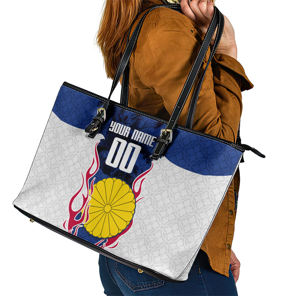 Personalized Japan Football Kitsune Mascot Leather Tote Bag Samurai Blue Chrysanthemum Flame