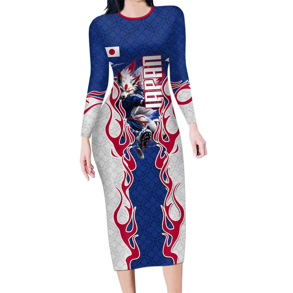 Personalized Japan Football Kitsune Mascot Long Sleeve Bodycon Dress Samurai Blue Chrysanthemum Flame