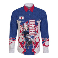 Personalized Japan Football Kitsune Mascot Long Sleeve Button Shirt Samurai Blue Chrysanthemum Flame