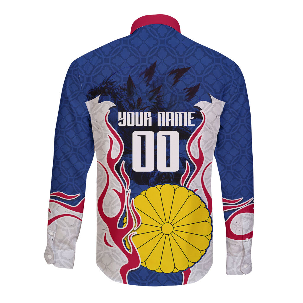Personalized Japan Football Kitsune Mascot Long Sleeve Button Shirt Samurai Blue Chrysanthemum Flame
