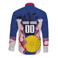 Personalized Japan Football Kitsune Mascot Long Sleeve Button Shirt Samurai Blue Chrysanthemum Flame