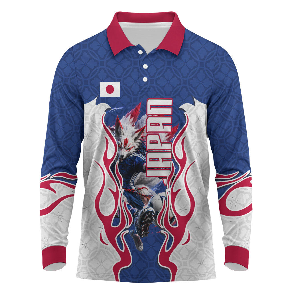 Personalized Japan Football Kitsune Mascot Long Sleeve Polo Shirt Samurai Blue Chrysanthemum Flame