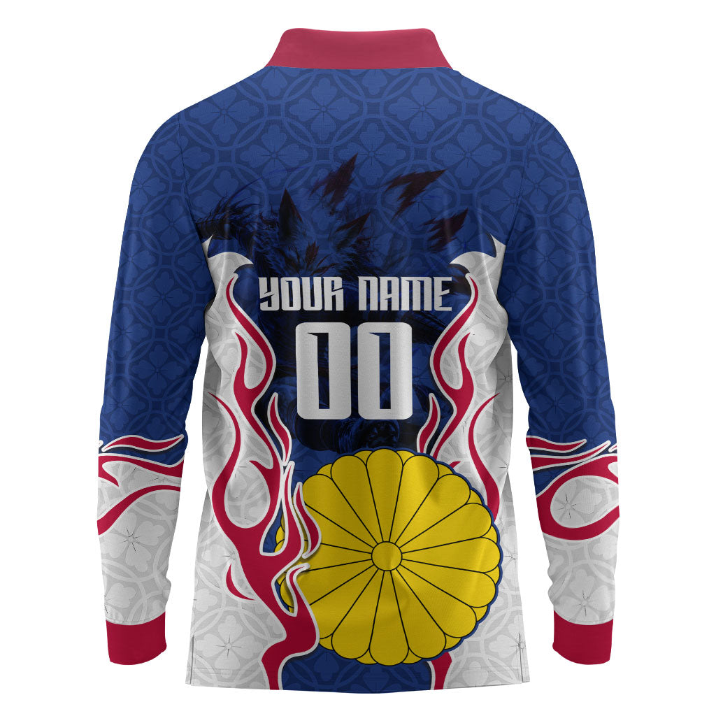 Personalized Japan Football Kitsune Mascot Long Sleeve Polo Shirt Samurai Blue Chrysanthemum Flame